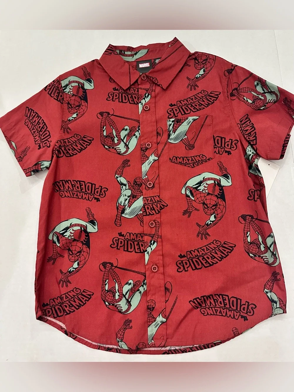 Boys' Spiderman Marvel Short Sleeve Button-Up Shirt, Size M-8